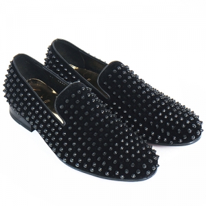 Handmade Studded Black Velvet Leather Loafers 5210