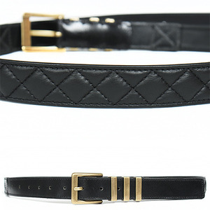 Triple Gold Buckle Quilted Black Leather Belt