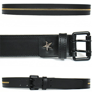Gold Zipper Double Pin Buckle Black Leather Belt