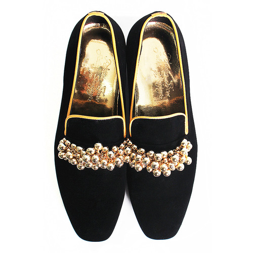 Designer Gold Decorated Styling Black Velvet Loafers 5226