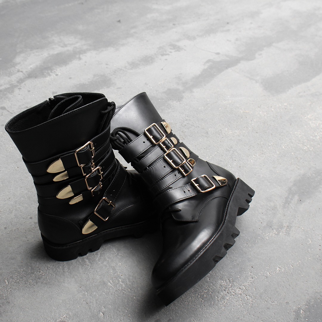 Handmade Gold Multi Buckle Leather Boots 014
