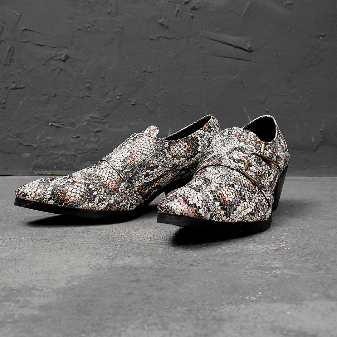 Handmade High Heel Crocodile Pattern Monk Strap Leather Shoes 868