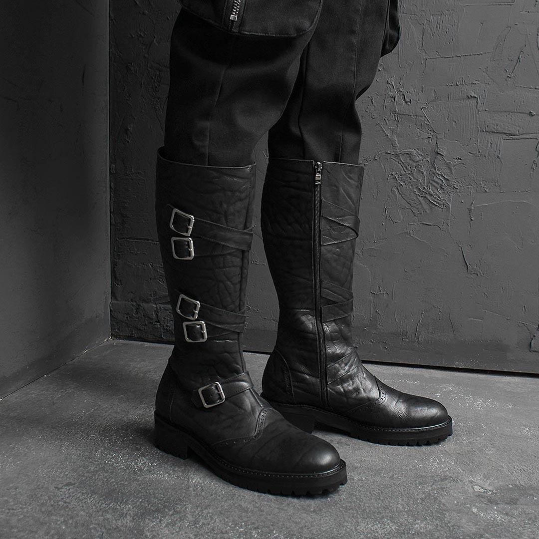 Multi Buckle Elephant Pattern Handmade Leather Long Boots 1742