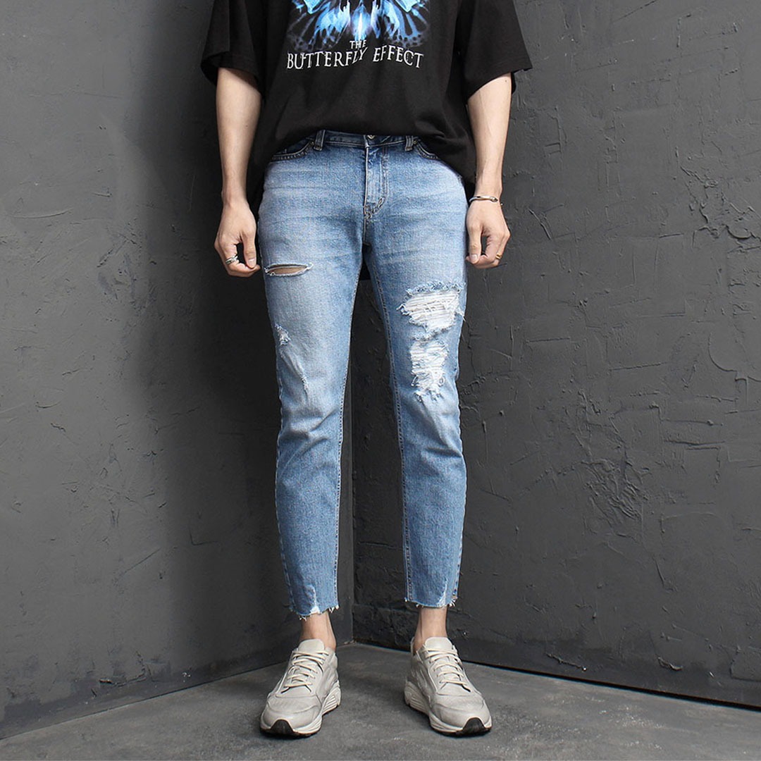 Heavy Damaged Cut Off Blue Skinny Jeans 2017