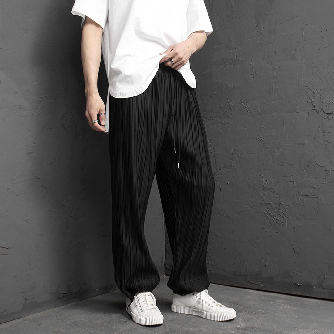 Loose Fit Wide Pleated Elastic Waistband Pants 2019