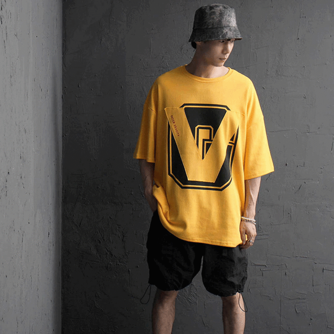Oversized Fit V Patched Logo Printing Tee 2341