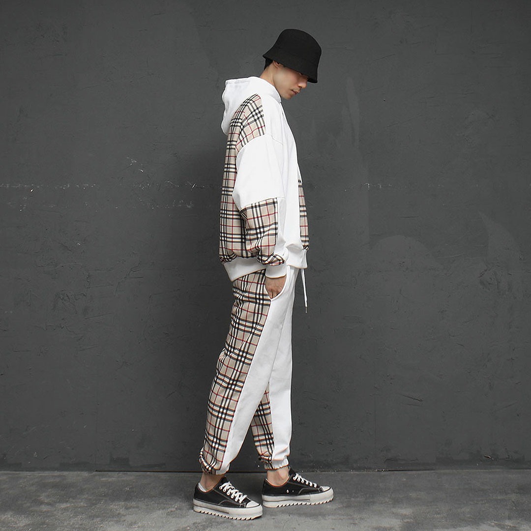 Contrast Checkered Pattern Hoodie Joggers Set 3010