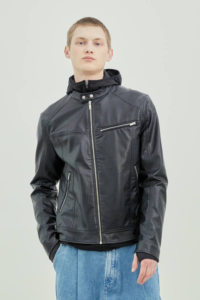 MEN Exaggerated Crack-Effect Faux Leather Jacket (BLACK)
