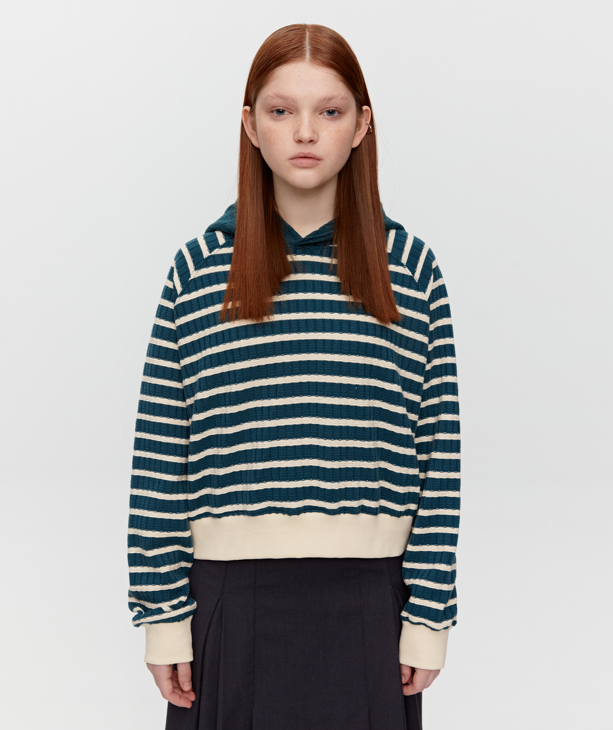 Cropped Knit Hoodie [Turquoise]