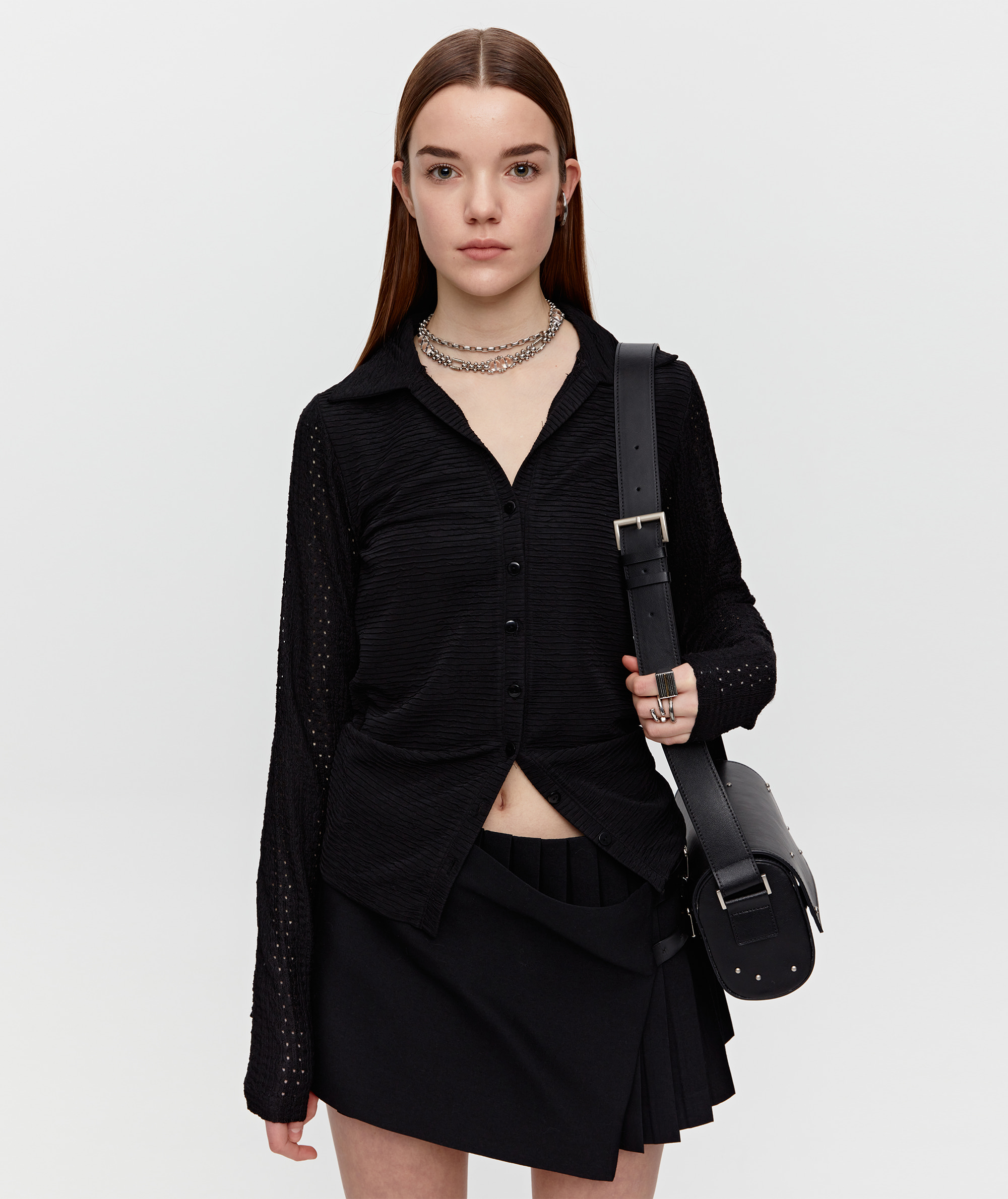 Lace Mix Fitted Shirt [Black]