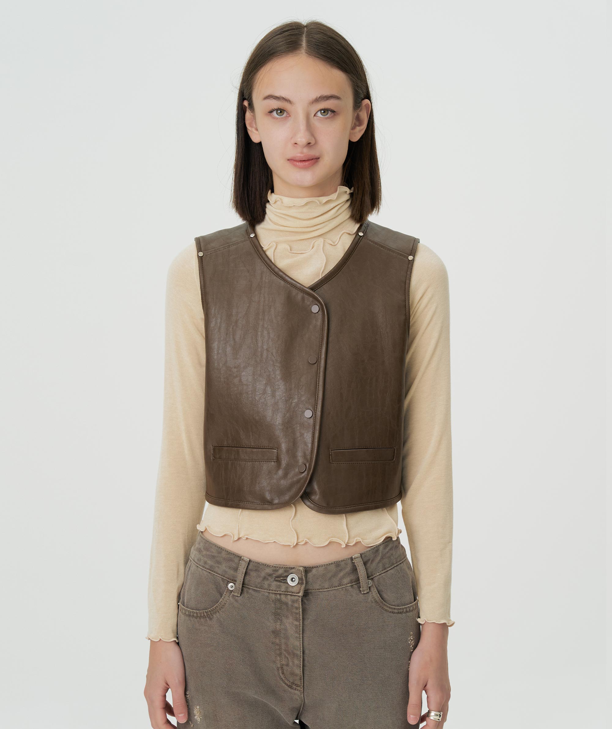 Asymmetry Leather Vest [Brown]