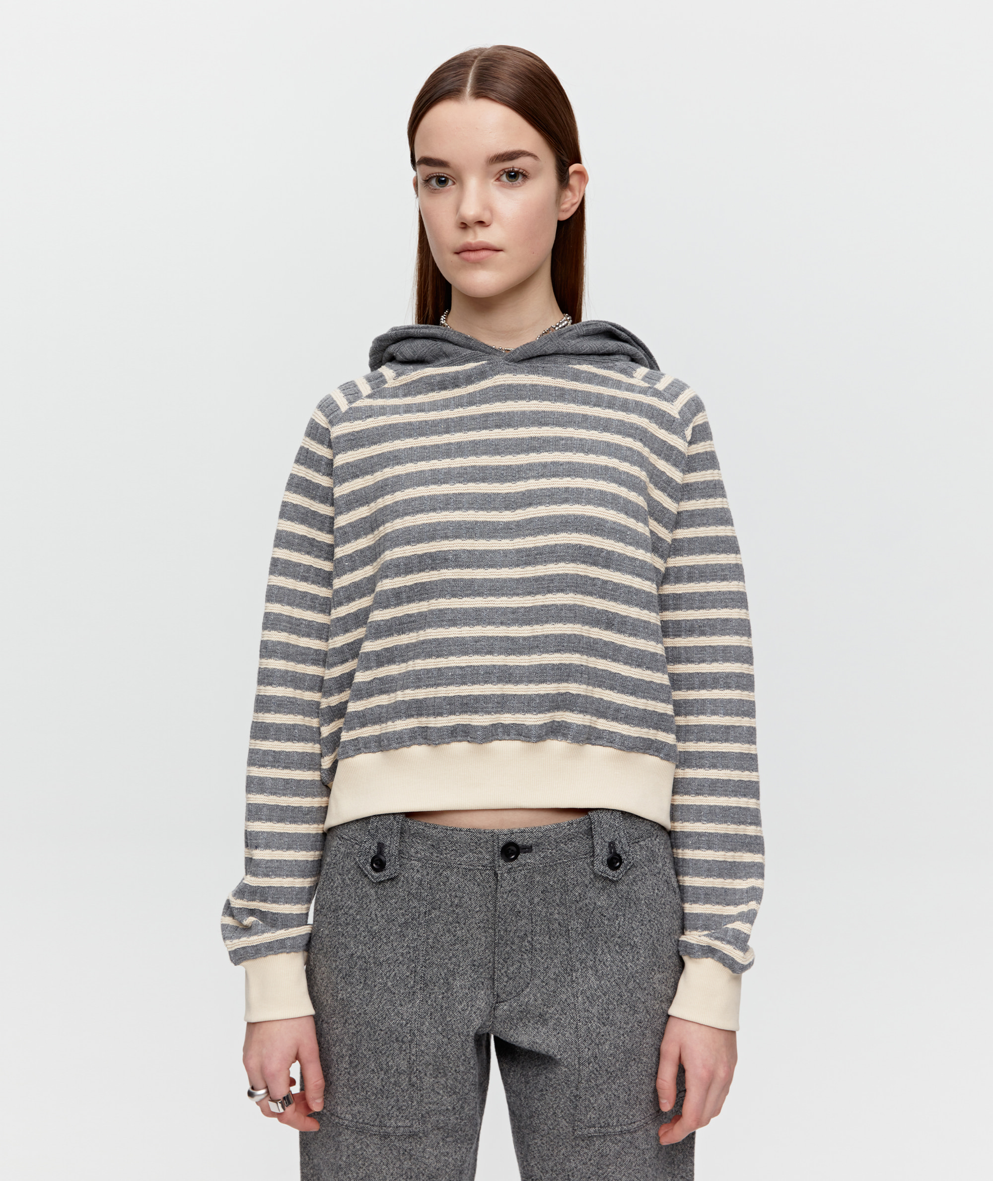 Cropped Knit Hoodie [Gray]