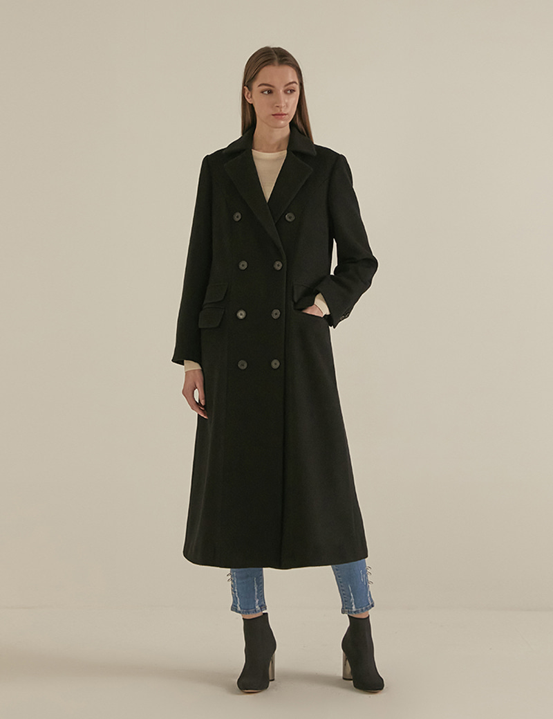 DOUBLE BREASTED WOOL LONG COAT (TFWCT-127-BK)