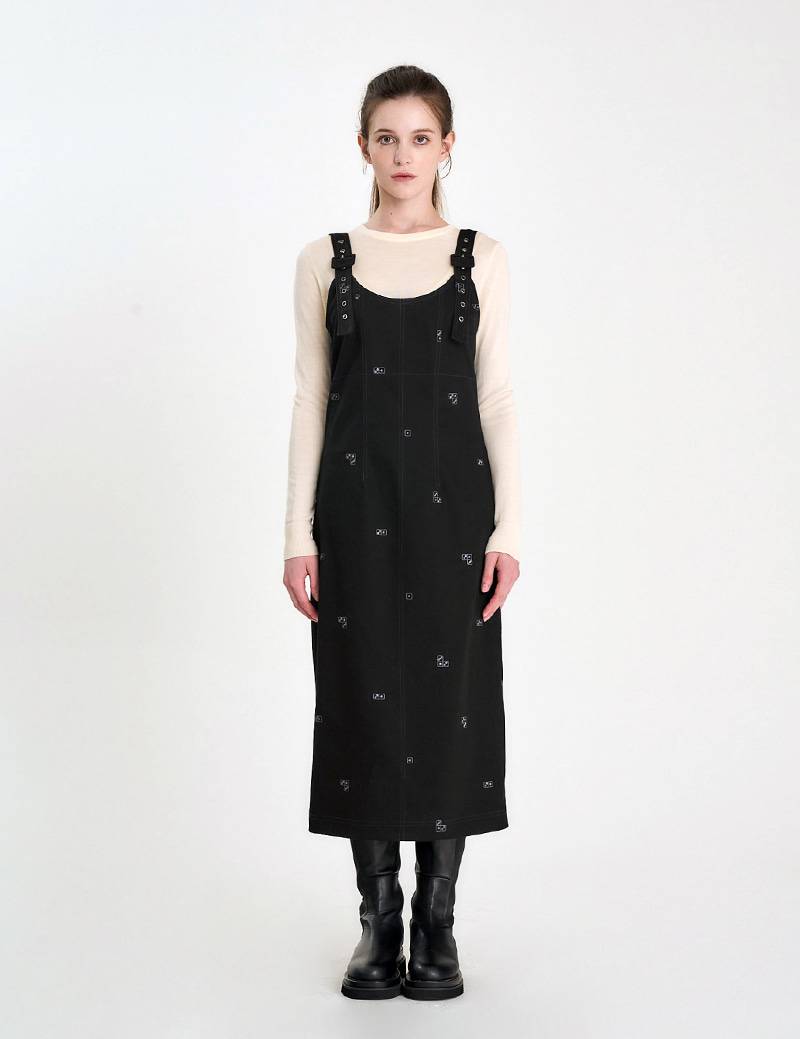 DICE EMBROIDERY OVERALL DRESS (OFWOP-158-BK)