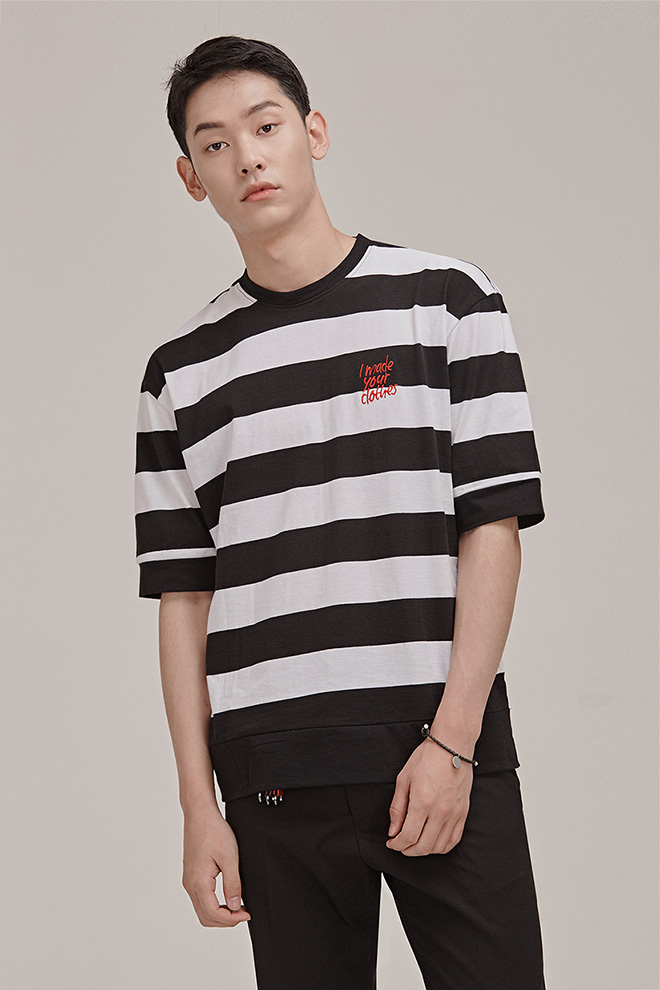 Small Lettering Embroidery Striped T-Shirt
