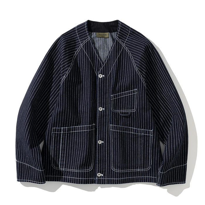 Uniform Bridge stripe pocket cardigan denim jacket blue rinsed