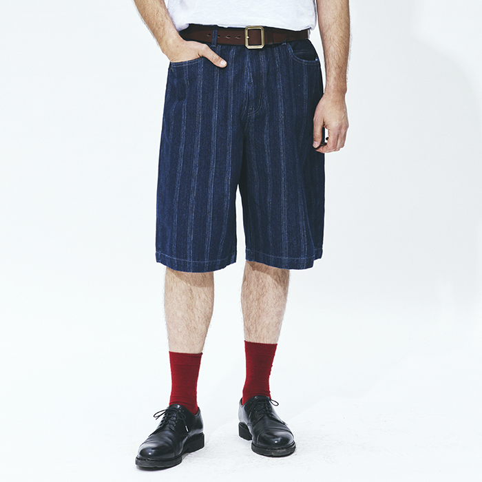 Uniform Bridge jacquard stripe denim short pants 10.5oz indigo washed