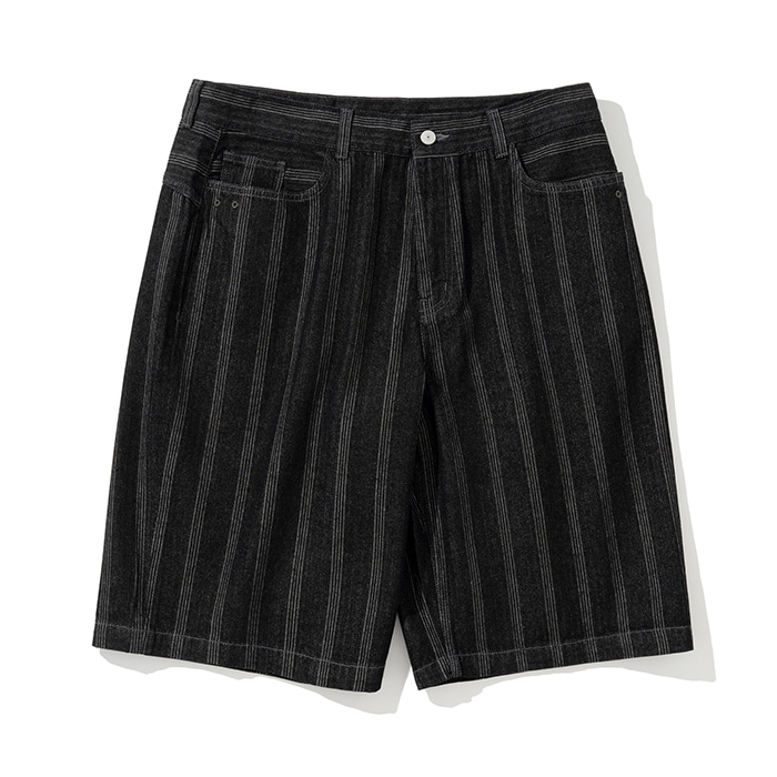 Uniform Bridge jacquard stripe denim short pants 10.5oz black washed