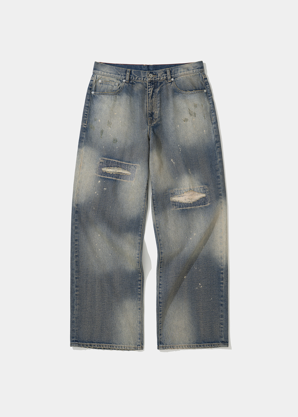 destroyed paint denim pants light indigo