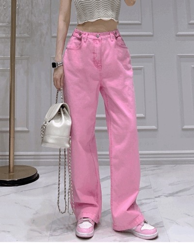(粉红色裤子/宽腿牛仔) 草莓牛奶拉条裤子