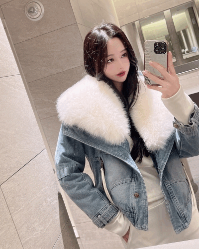 [Quilted lining/detachable fur] Collar Big fur jean jacket - [2 colors]