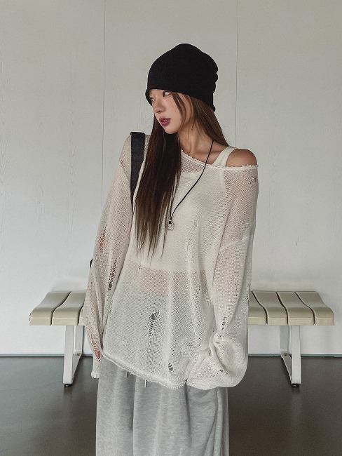 【U LAN】Aroa Damage Boat Neck Oversized Knitwear Aroa damage boat neck oversized knitwear - U LAN