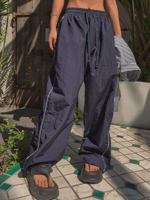 double piping wide string pants