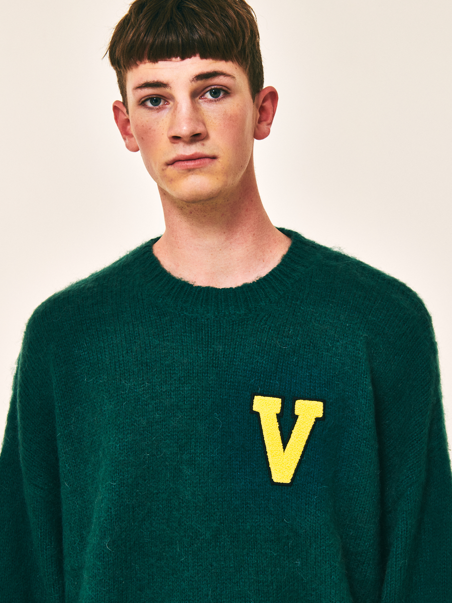 LOGO PATCHED MOHAIR CROPPED KNIT DARK GREEN(NEW)