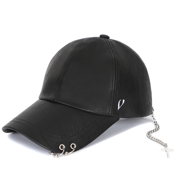 BLACK LINE - LEATHER SILVER CROSS BALL CAP (BLACK)