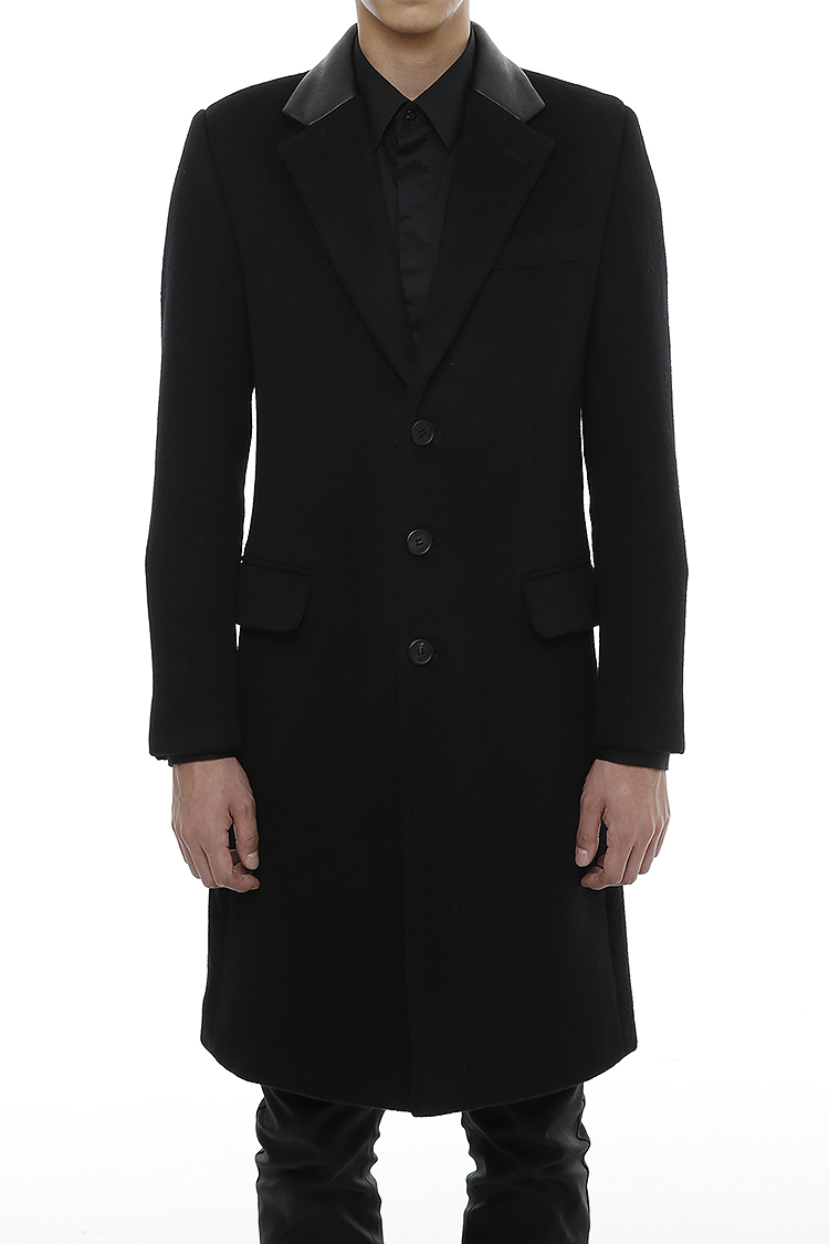 [206 HOMME BY JLDCLASSIC]HAND-MADE™ NOTCHED LAPEL 3-BUTTON LEATHER &amp; WOOL LONG COAT(REAL WOOL 100% + REAL LEATHER 100%)MAN + WOMAN(CT-067)