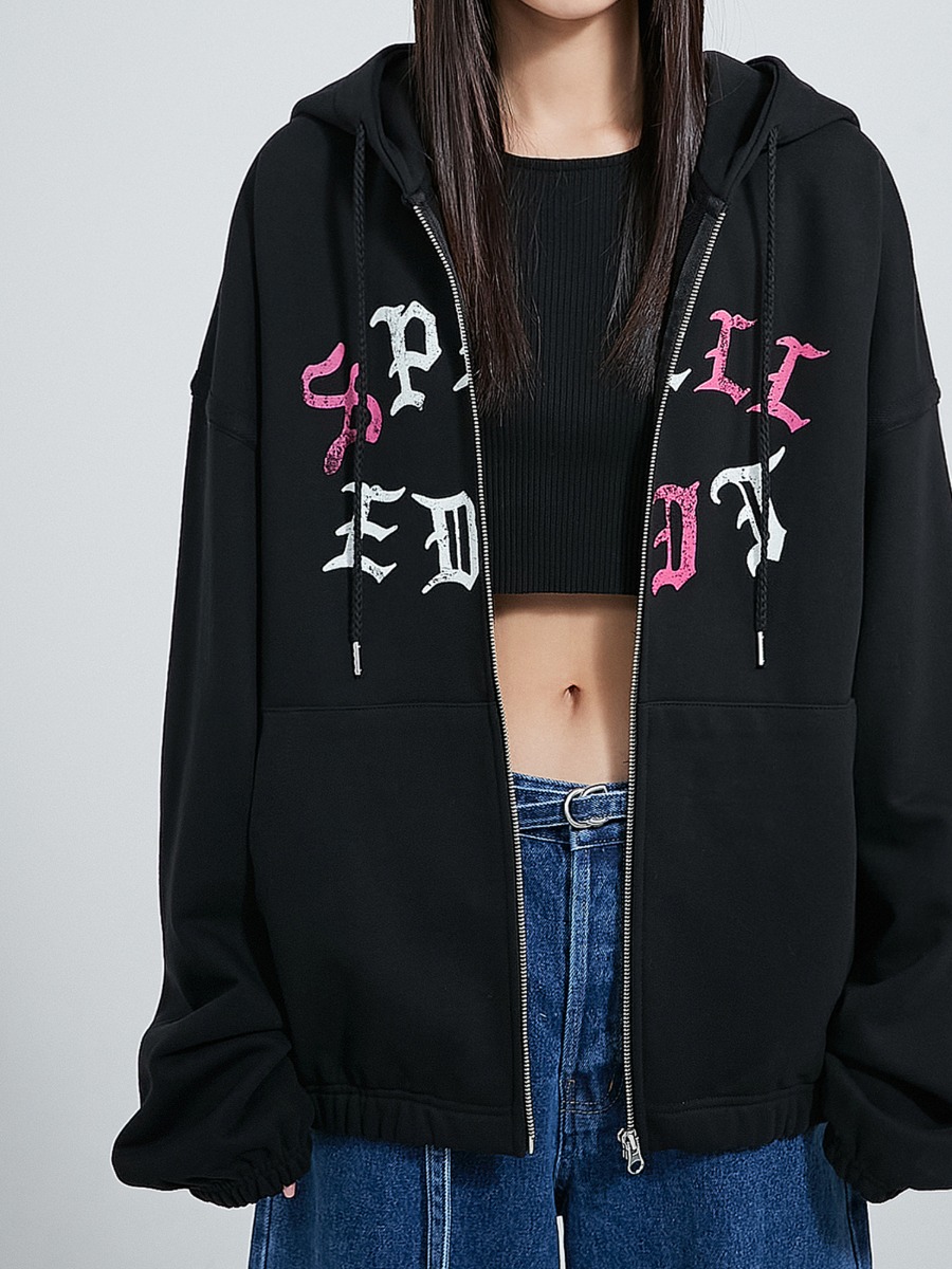GOTHIC LOGO PRINTED OVERSIZED HOODIED ZIP-UP