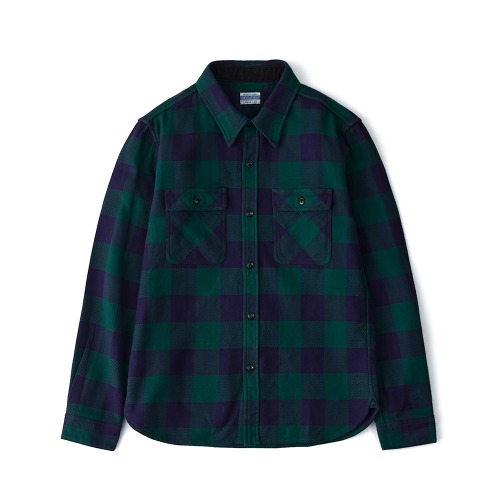 THE FLAT HEAD FN-SNR-101L NVYxGRN Block Check Flannel Shirt