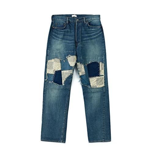 MARU SANKAKU PEKE MSP-1013 Used Indigo Patchwork Denim Pants