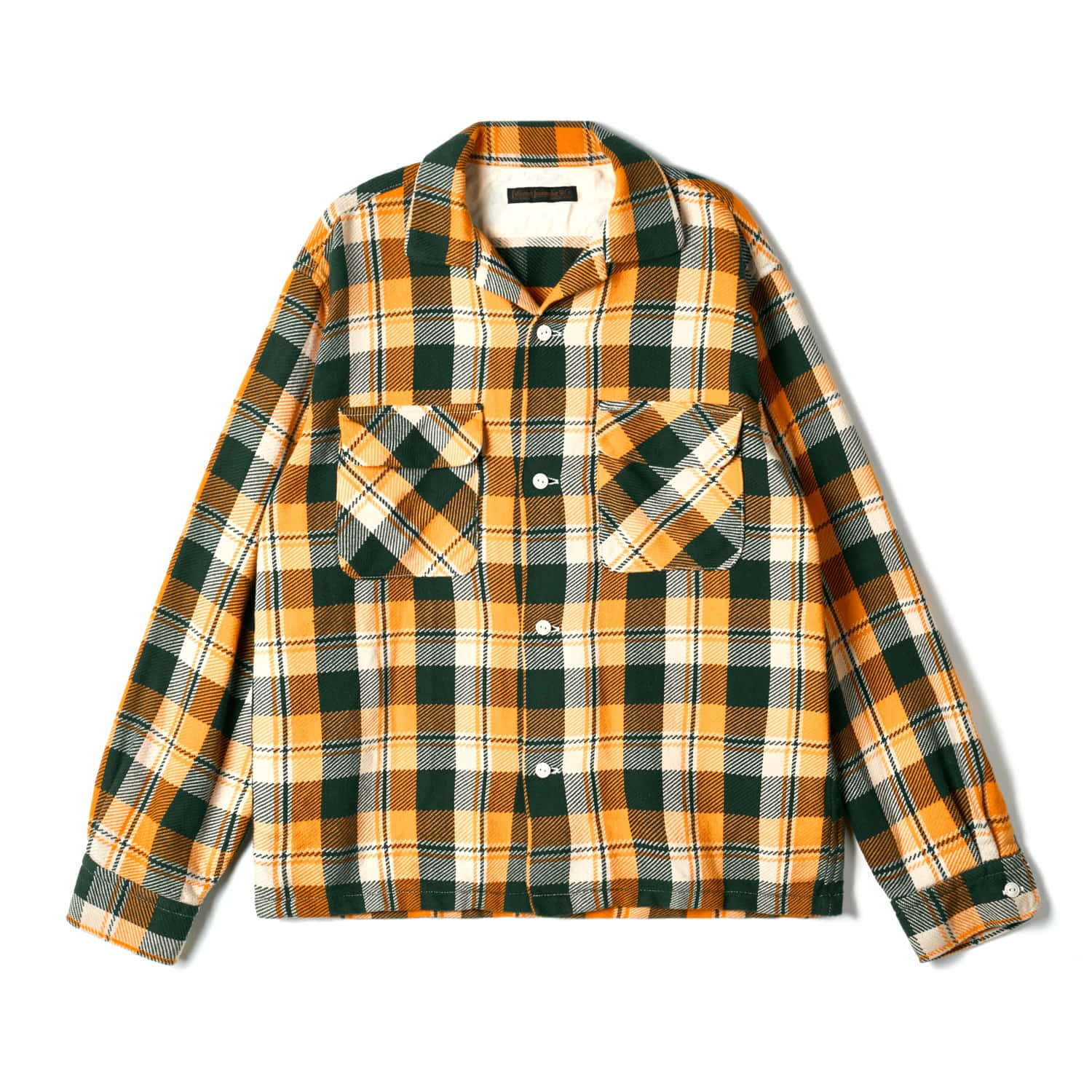 FULLCOUNT 4086 Yellow x Green Original Cotton Check Flannel Open Collar Shirt
