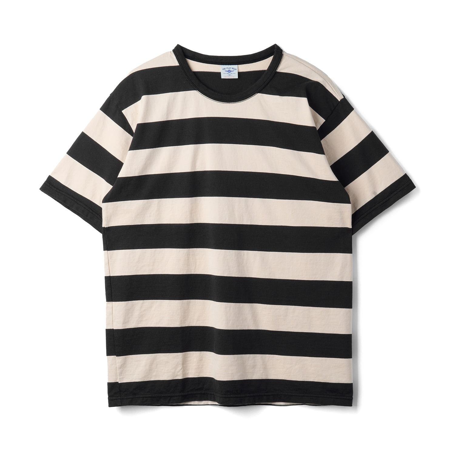 THE FLAT HEAD FN-THB-002 Border S/S T-Shirts Wide Fit Ivory x L.Black