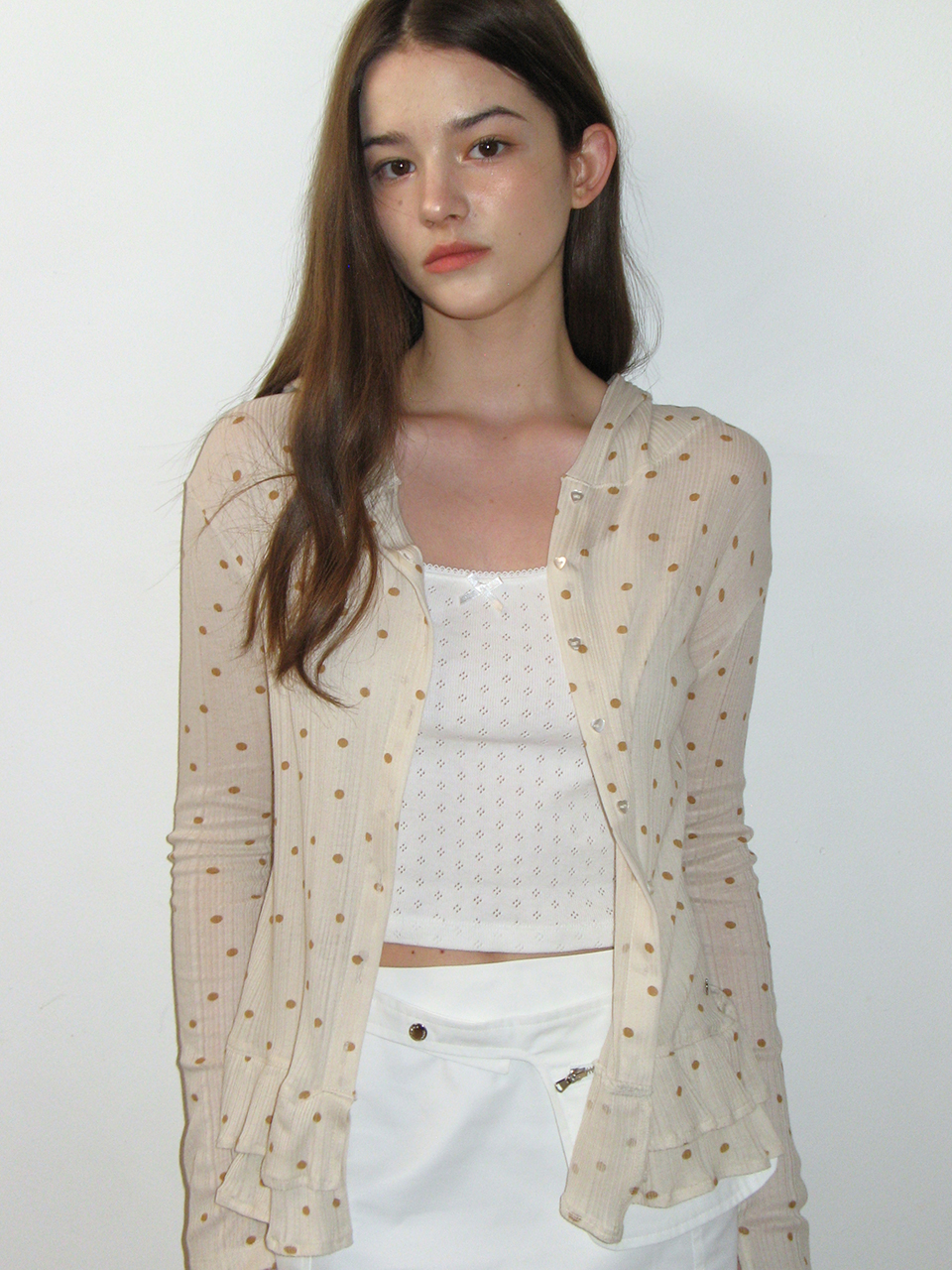 DOT FRILL SHEER HOOD CARDIGAN_MELANGE GREY - CRANK