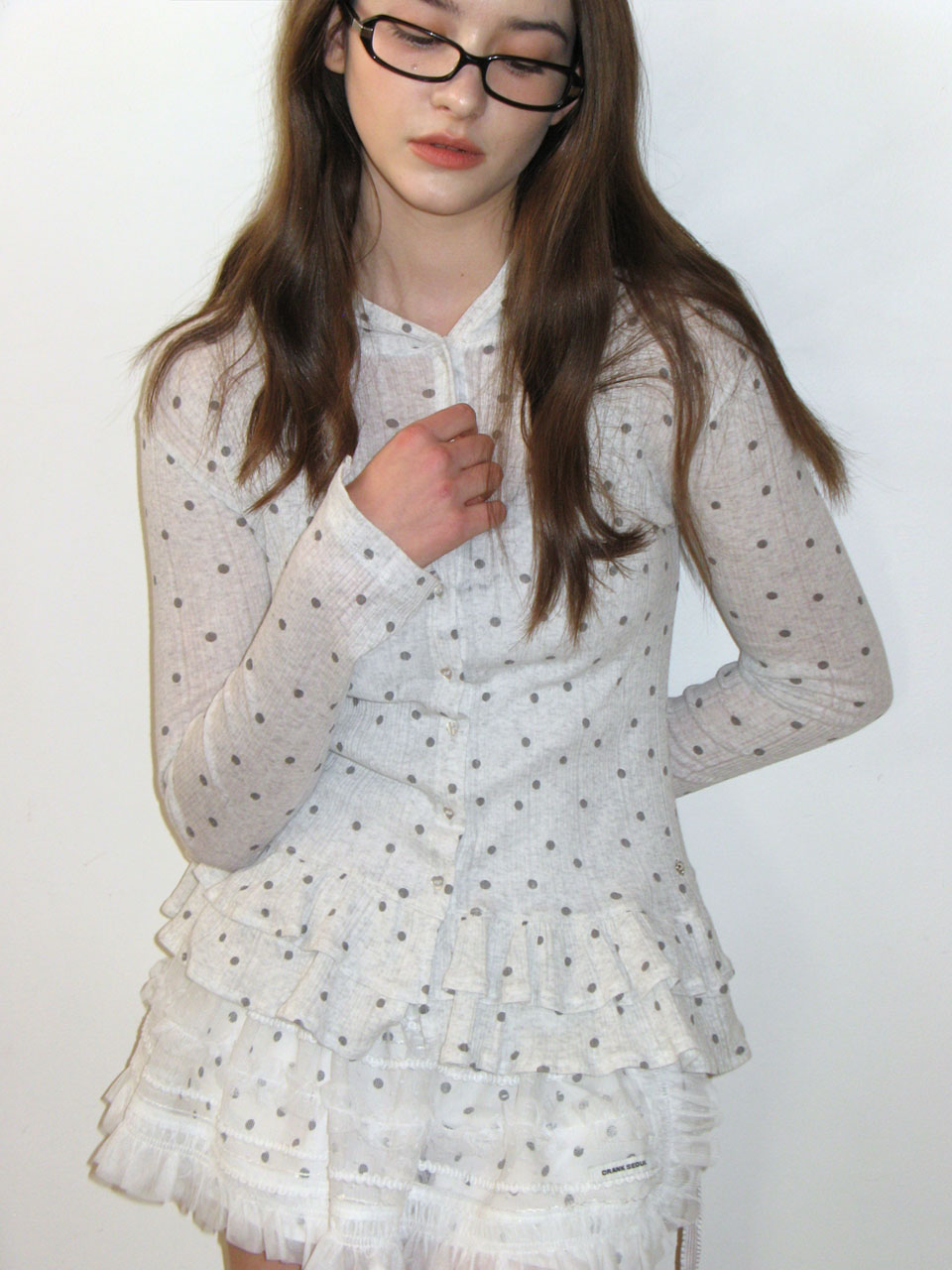 DOT FRILL SHEER HOOD CARDIGAN_MELANGE GREY - CRANK