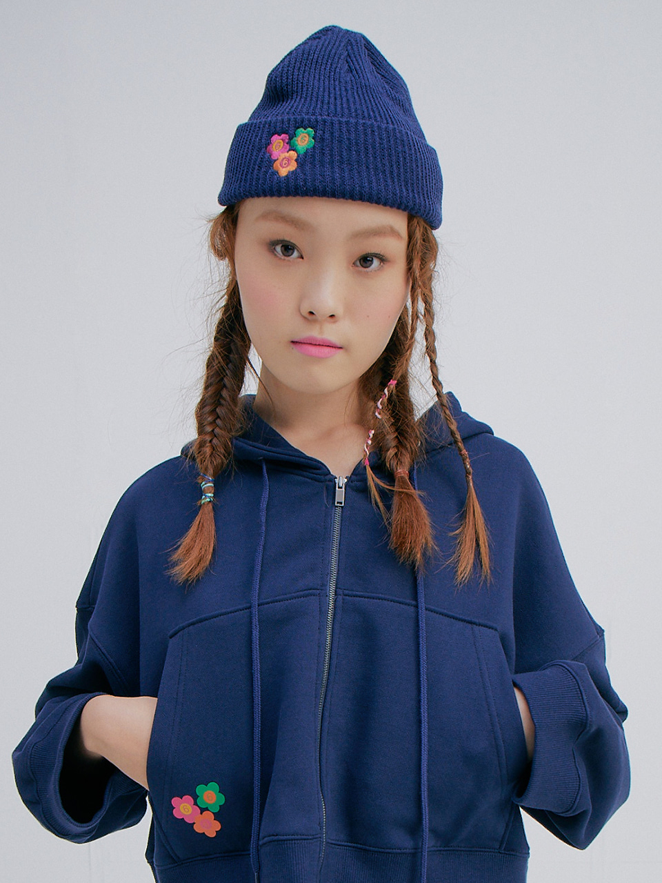 Flower Embroidery Watch Cap_Navy