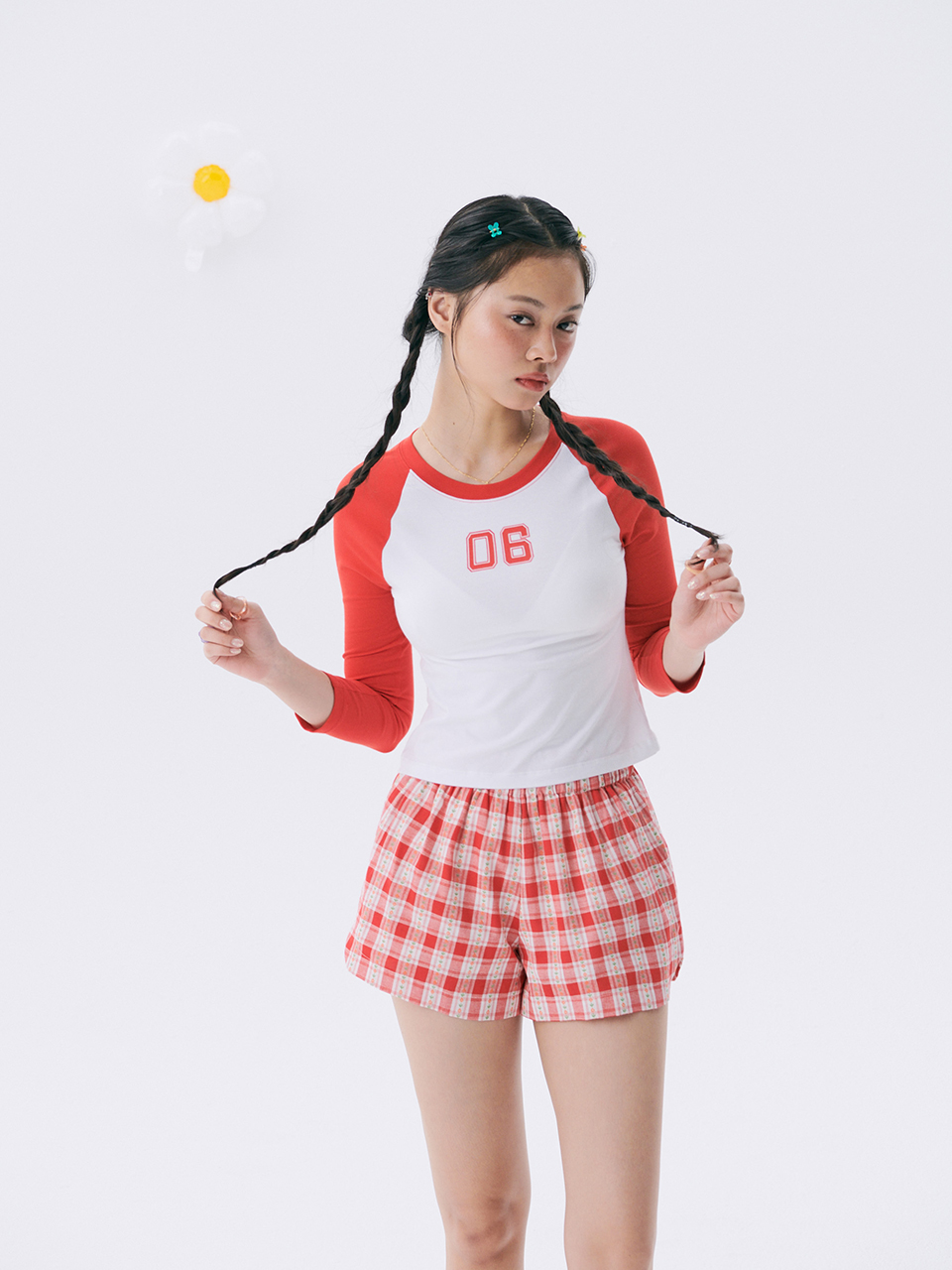 Floral Check Banding Shorts_Red