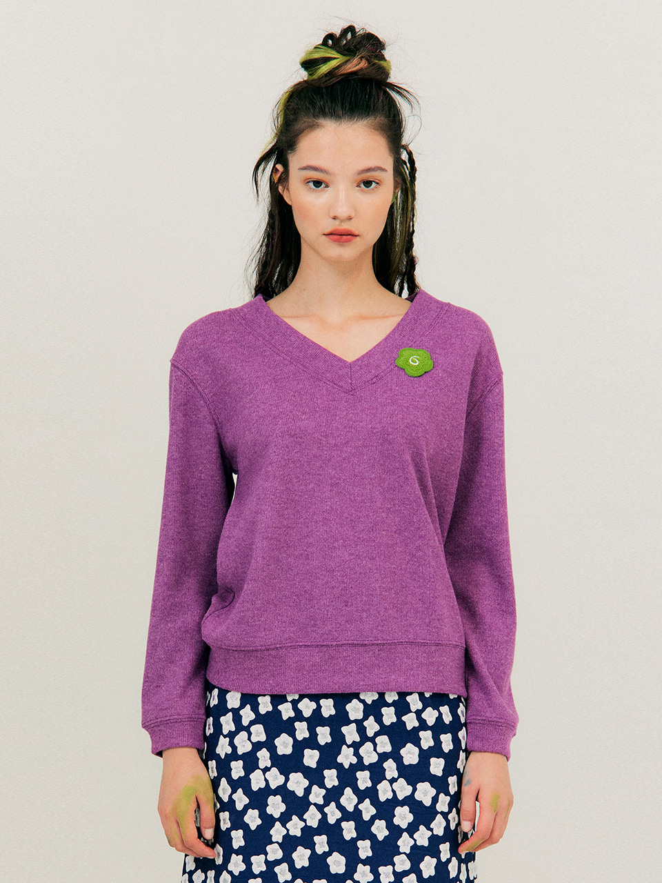 V-neck Melange T-Shirt_Purple