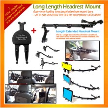 Long sturdy metal Headrest Mount with all in one Universal Holder for Tablets and Smartphones
