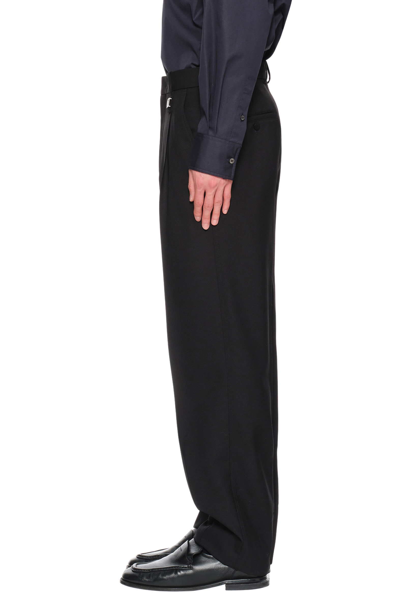 【WOOHWA】LIMM WIDE SLACKS pleated high waist wide leg suiting trousers - Striped Dark