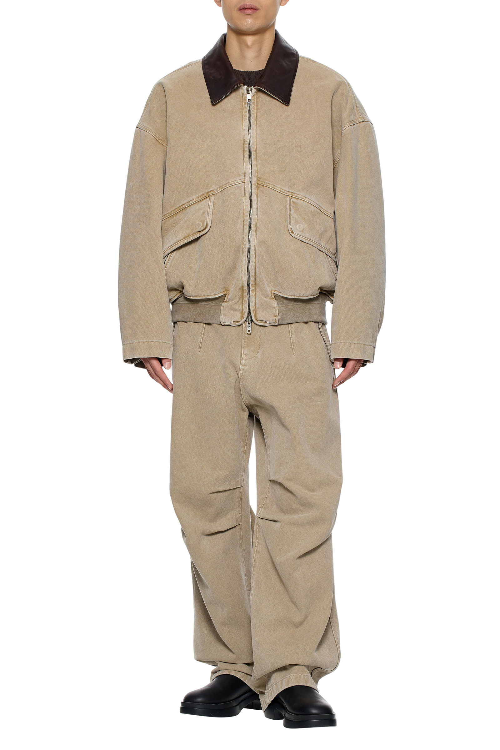 Beige Leather Collar Oxford Jacket - WOOYOUNGMI