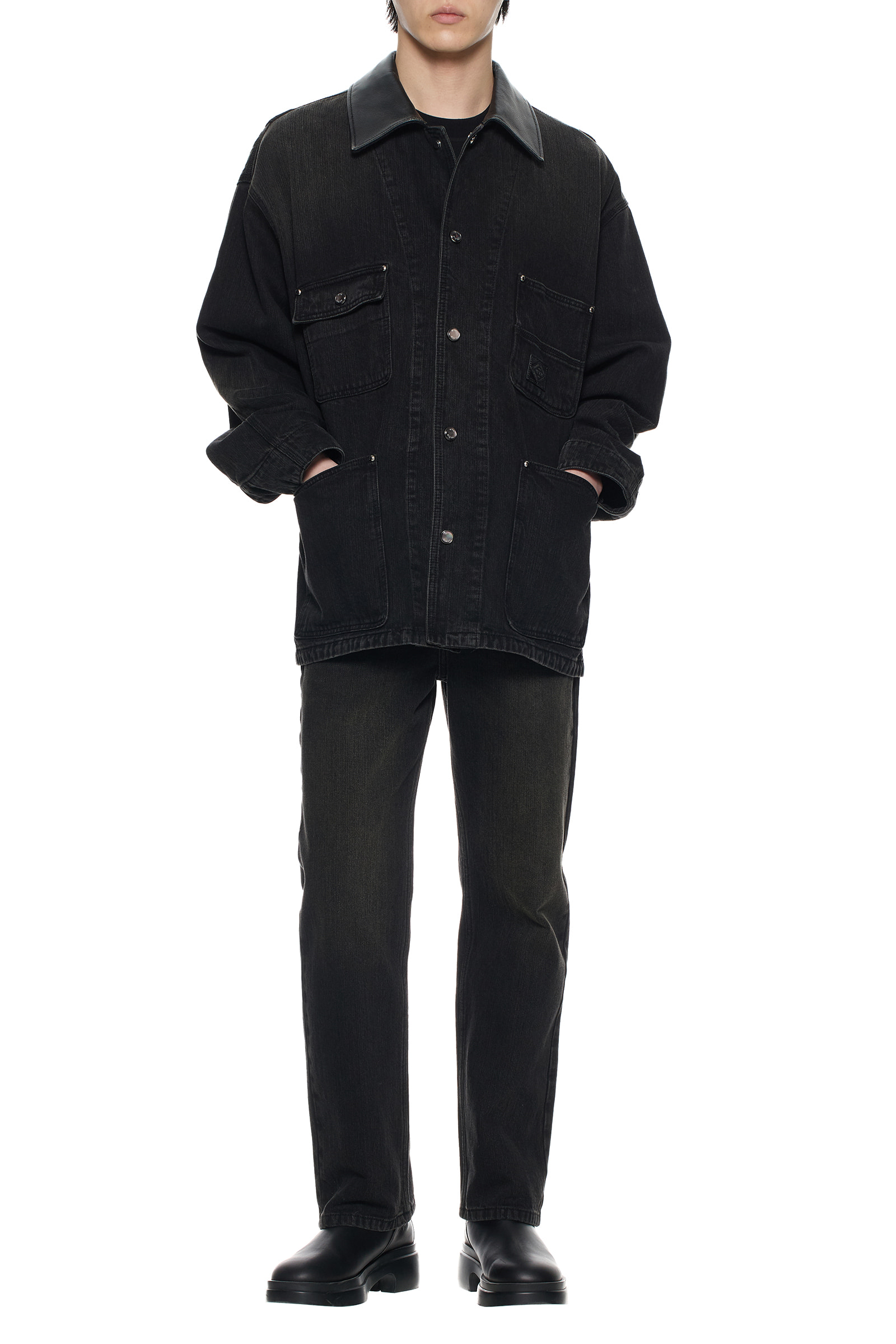 Black Leather Collar Tin-washed Denim Coat - WOOYOUNGMI