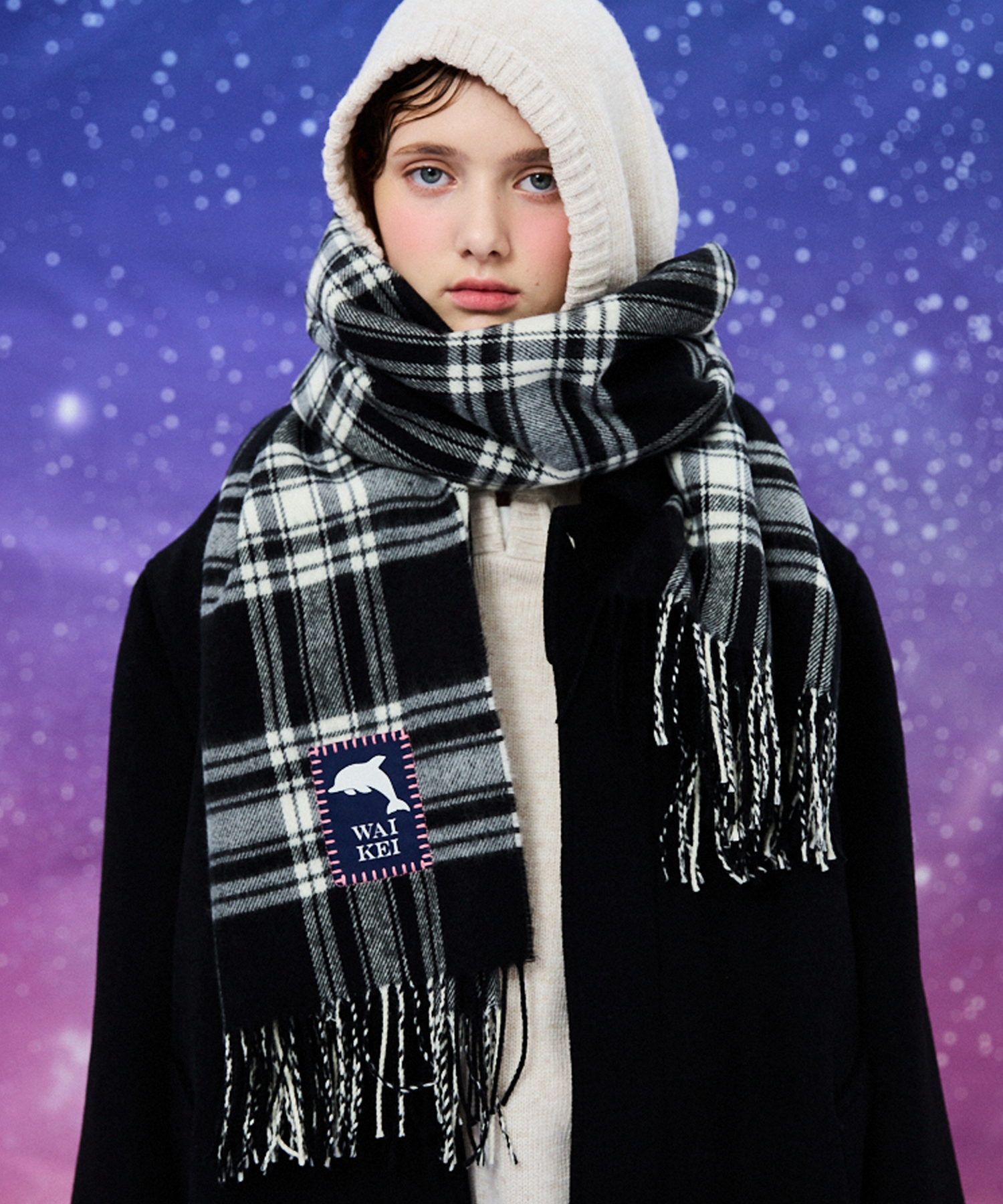 Dolphin label check muffler BLACK - waikei