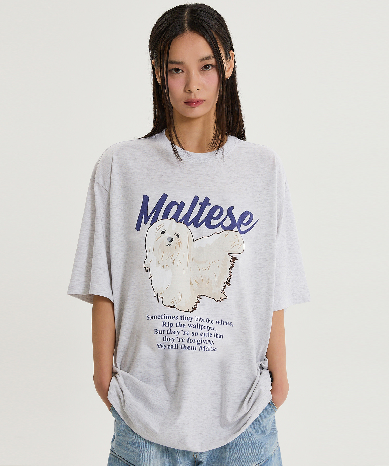 Maltese illustration half Sleeve T-shirtMELANGE WHITE - waikei
