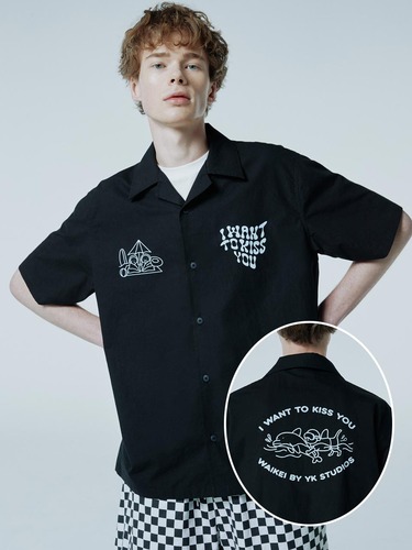 [크래비티 형준/온앤오프 와이엇 착용]퍼피돌핀 오픈카라 반팔 셔츠 블랙