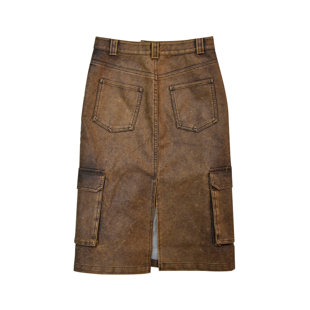 POLYSOOEM Washed Leather Cargo Skirt &quot;Brown&quot;