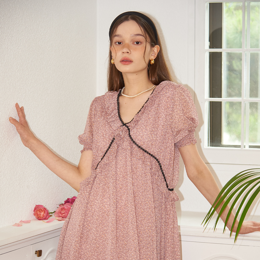 Short Sleeve Chiffon Shirring Dress_ Pink