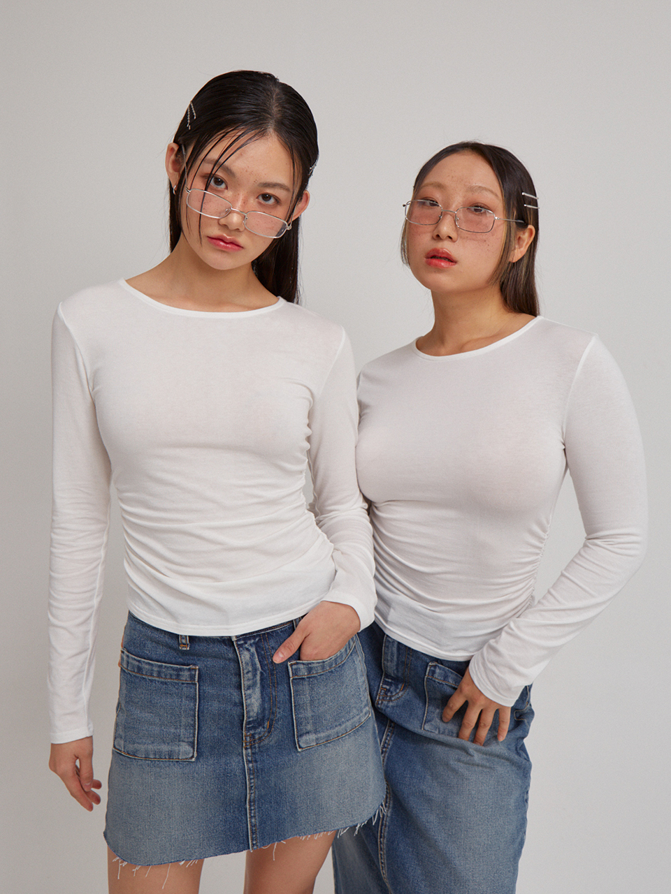 Basic Shirring Long Sleeve T_ White